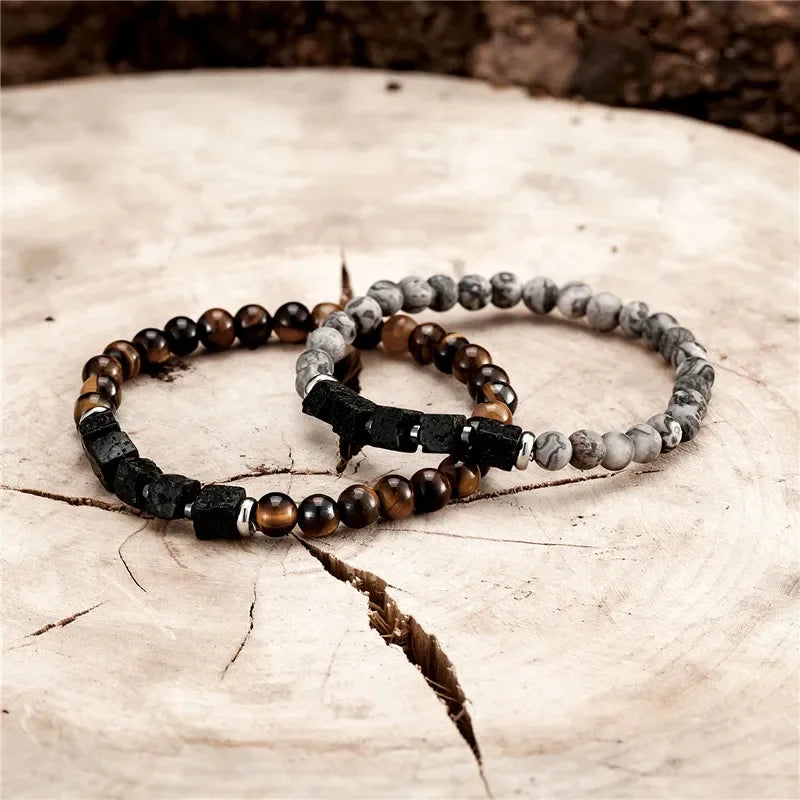 YIZIZAI Black Matte Onyx with Cube Lava Bracelet Yoga Balance Energy Stretch Bracelet Men Women Natural Gemstone Healing Jewelry