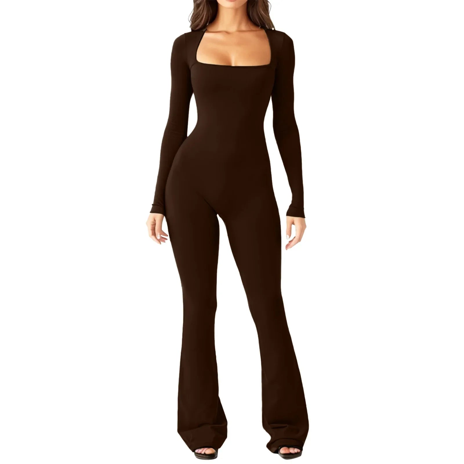 Women's Yoga Suit Long Sleeve Belly Tie Waist Hip Lift Square Neck Wide Leg High Elastic Jumpsuit