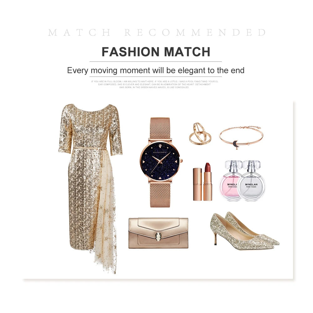 Women Luxury Watch 36mm Fashionable Frosted Dial Japanese Movement Rhinestone Rose Gold Stainless Steel Mesh Women Dress Watches