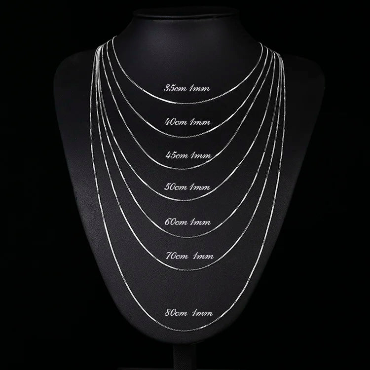 35cm-80cm 1mm Thin Pure Solid 925 Sterling Silver Box Chain Necklace Women Men Girls Jewelry Short to Long Kolye Collares
