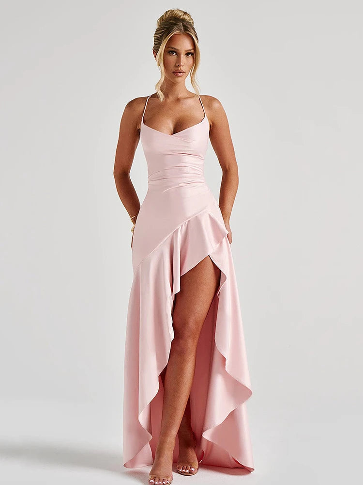 Articat Spaghetti Strap Dress - Satin Split Maxi Evening Gown