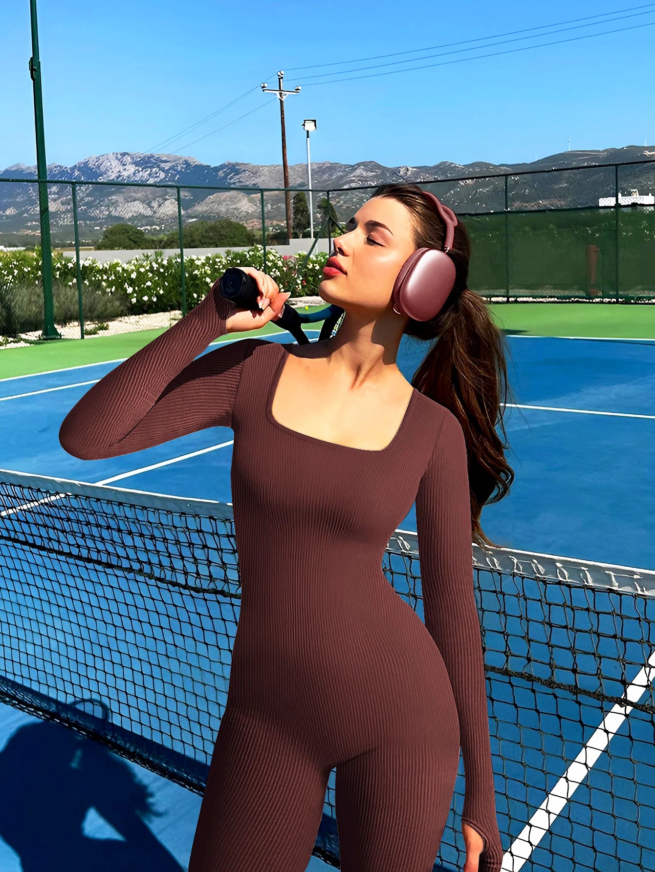 Solid Color Ribbed Yoga Jumpsuit, Seamless Slim Fit Long Sleeve Sports Bodysuit, Women's Activewear