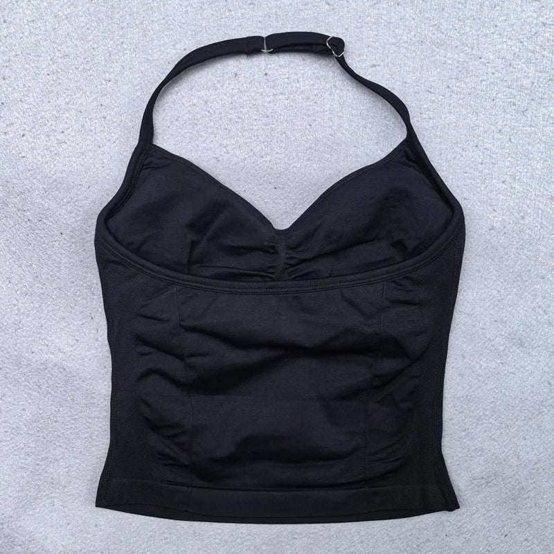 Adjustable Strappy Gym Top - Backless Scrunch Bra with Removable Cups