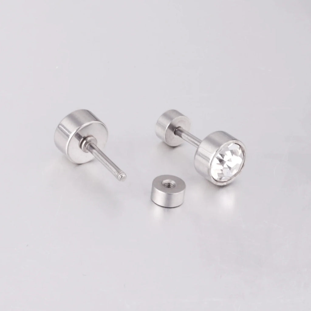 LUXUSTEEL Twist Back Round Cubic Zirconia Stud Earrings Stainless Steel Anti-allergy For Women Men 3mm to 7mm Christmas Party