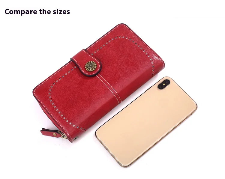 Fashionable new hollow out coin purse for women's oily leather phone bag, long zipper handbag,coin bag Triple fold ladies wallet