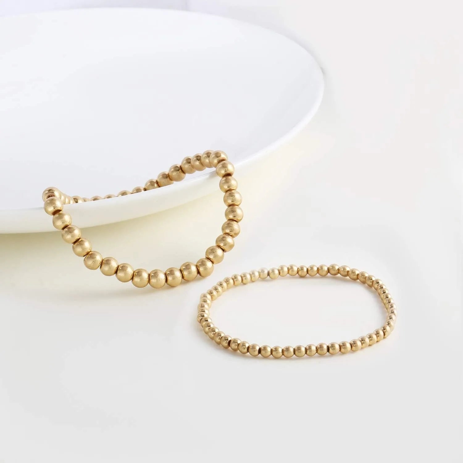 Gold Plate Bead Bracelet for Women 14K Gold Plated Bead Ball Bracelet Stretchable Elastic Hypoallergenic Bohemian Stackable