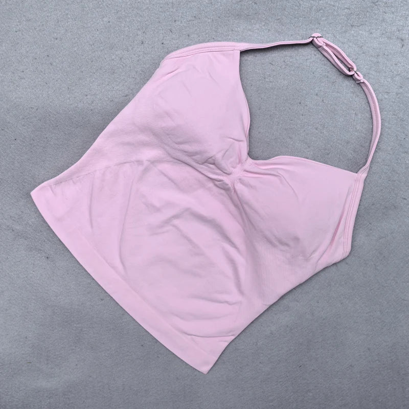 Adjustable Strappy Gym Top - Backless Scrunch Bra with Removable Cups