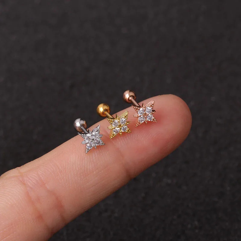 1PC Stainless Steel Gold Color Silver Color Flower CZ Tragus Cartilage Helix Star Ear Stud Piercing Zircon Daith Earring