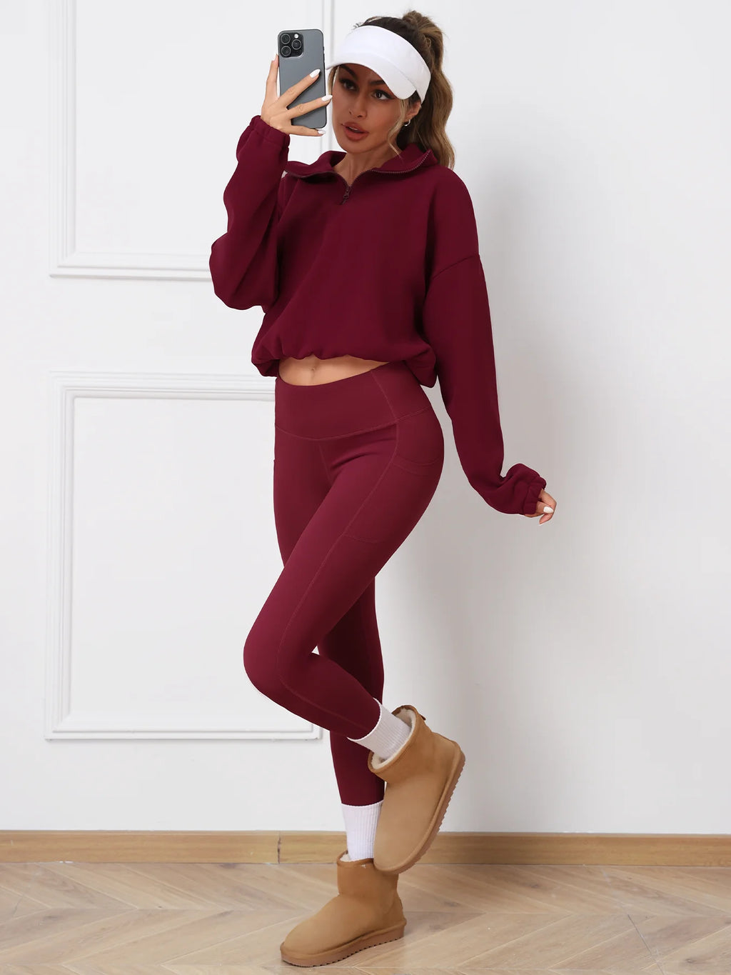 2PCS Thermal Yoga Set Fleece Fintness Suit Women's Sports Set  Fleece Pullover Sweatshirt with Non-fleece-lined  Leggings