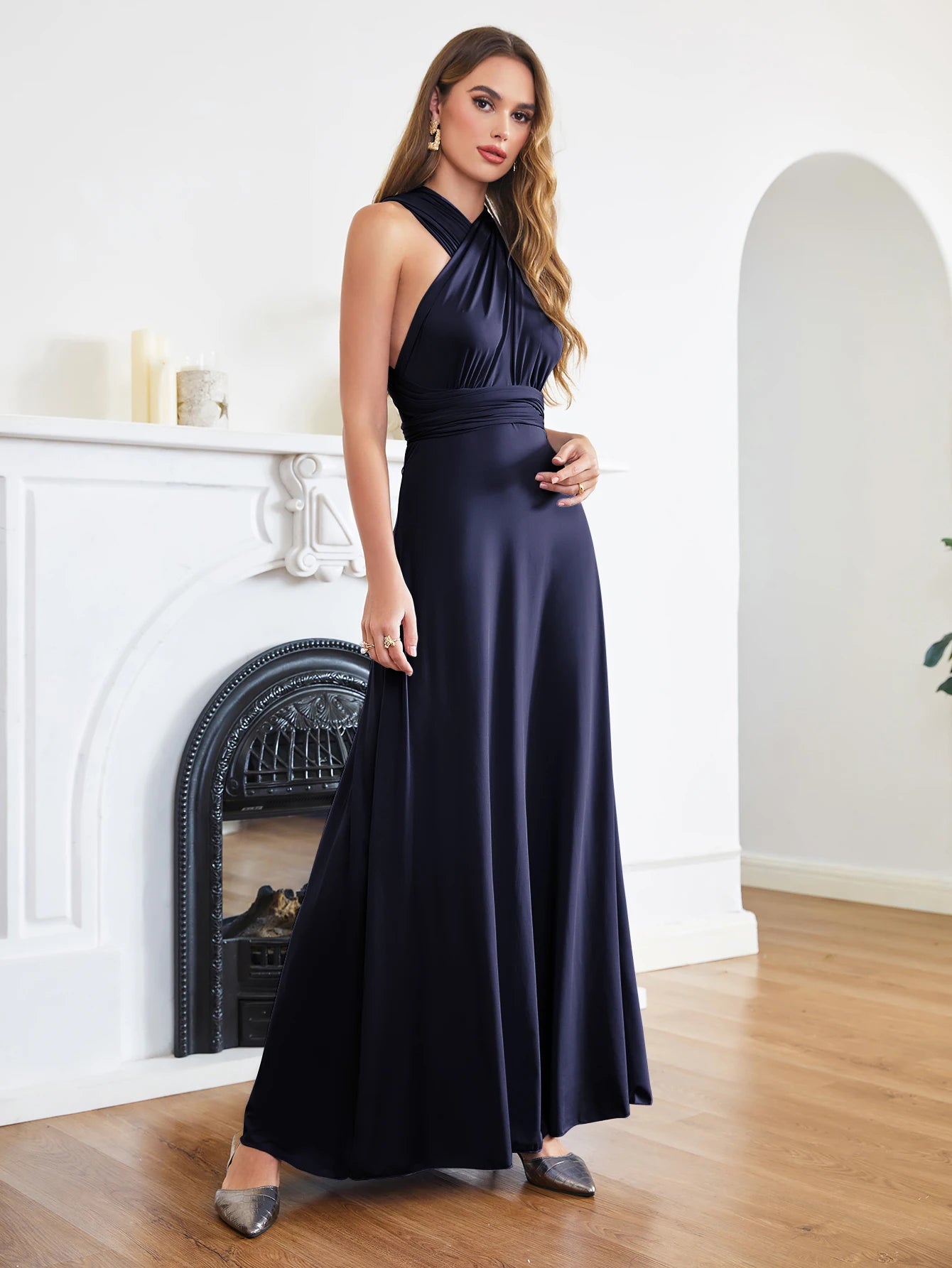 BABYONLINE Sexy Bridesmaid Dress Infinity Style Convertible Halter V neckline Gown Sleeveless Multiway Wrap Changable Guest Gown