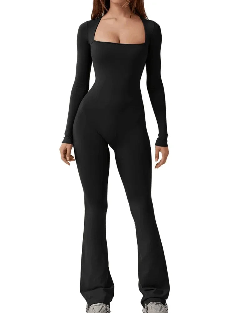 Women's Yoga Suit Long Sleeve Belly Tie Waist Hip Lift Square Neck Wide Leg High Elastic Jumpsuit