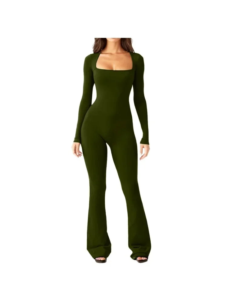 Women's Yoga Suit Long Sleeve Belly Tie Waist Hip Lift Square Neck Wide Leg High Elastic Jumpsuit