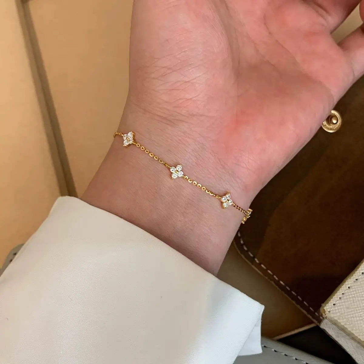 S925 Sterling Silver Zircon Flower Bracelet - 18K Gold Korean Design