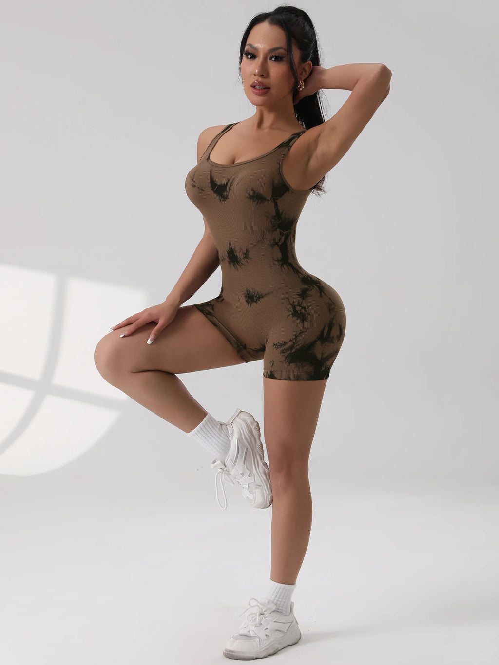 1PCS Tie Die Beautiful Back Yoga Suit Stretch Butt-Lifting Sports Jumpsuit Breathable Threaded Women Bodysuit without Pad