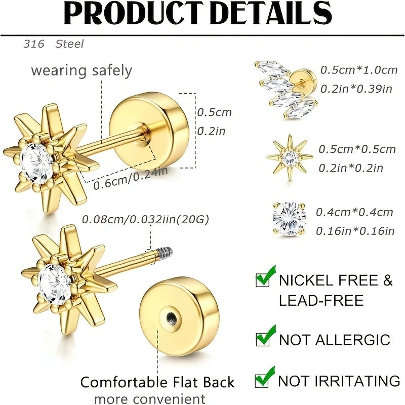 2/6Pcs 20G Novel Stainless Steel Hypoallergenic Flat Back Stud Earrings,Tiny CZ Cartilage Trgus Helix Percing Jewelry Set