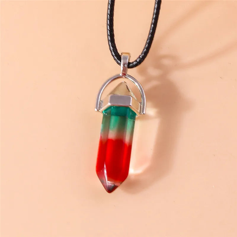 Natural Stone Quartz Lapis Opal Amethyst Pink Crystal Stone Hexagonal Column Pendant Necklaces Leather Chain Bullet Necklace