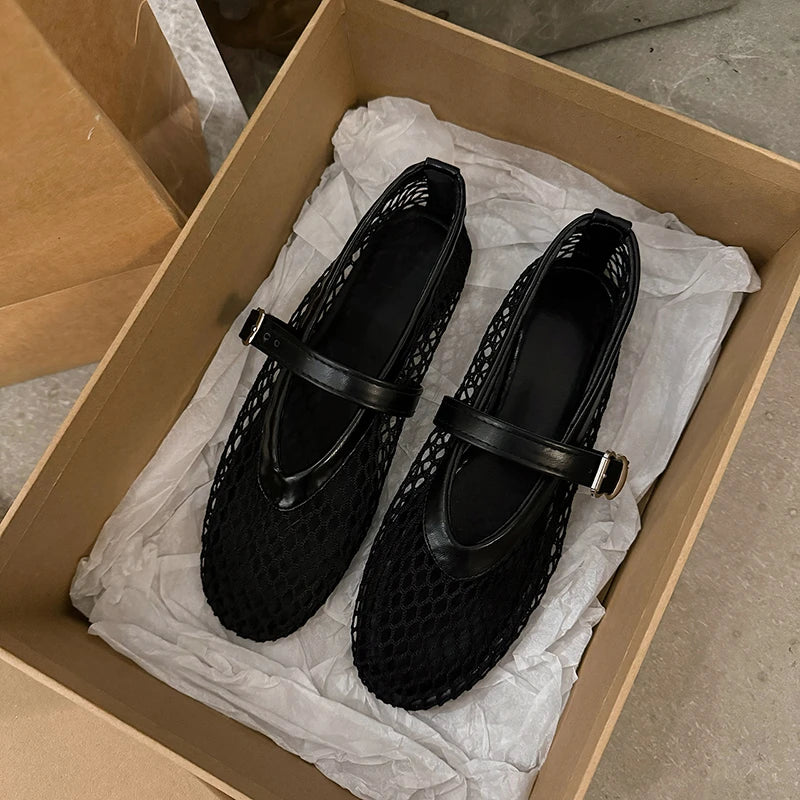 Summer Round Toe Mary Jane Shoes - Cut-Out Fishnet Casual Flats