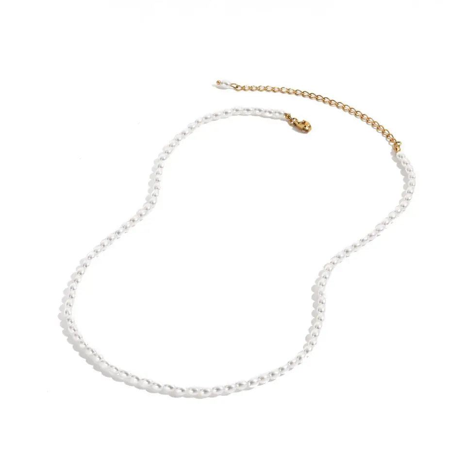 eManco 3MM Imitation Pearl Necklaces Oval White Stainless Steel Necklace Women's Collarbone Chain
