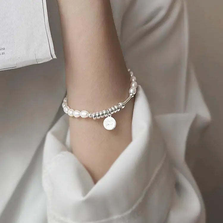 New 925 Silver Geometric Bead Punk Peace of Mind Words Irregular String Bracelet For Woman Girl Fashion Jewelry Gift Dropship