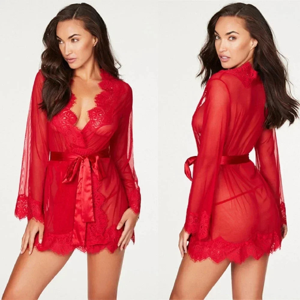 Sexy Lace Robe Dress+G String Thongs Women Erotic Transparent Sleepwear Pajamas Lace Nightdress Mujer Pornos Costumes Underwear