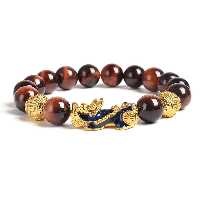 Pi Xiu Tiger Eye Stone Beads Bracelet Feng Shui Yellow Power Stone Women Men Elastic Jewelry Gold Color Pixiu Good Luck Bracelet