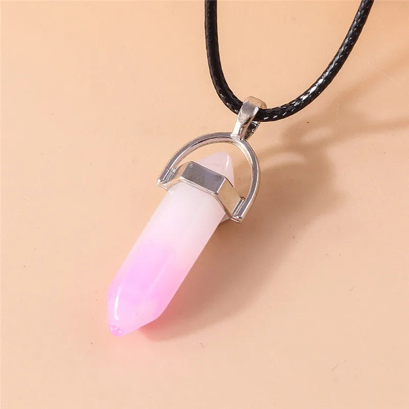 Natural Stone Quartz Lapis Opal Amethyst Pink Crystal Stone Hexagonal Column Pendant Necklaces Leather Chain Bullet Necklace