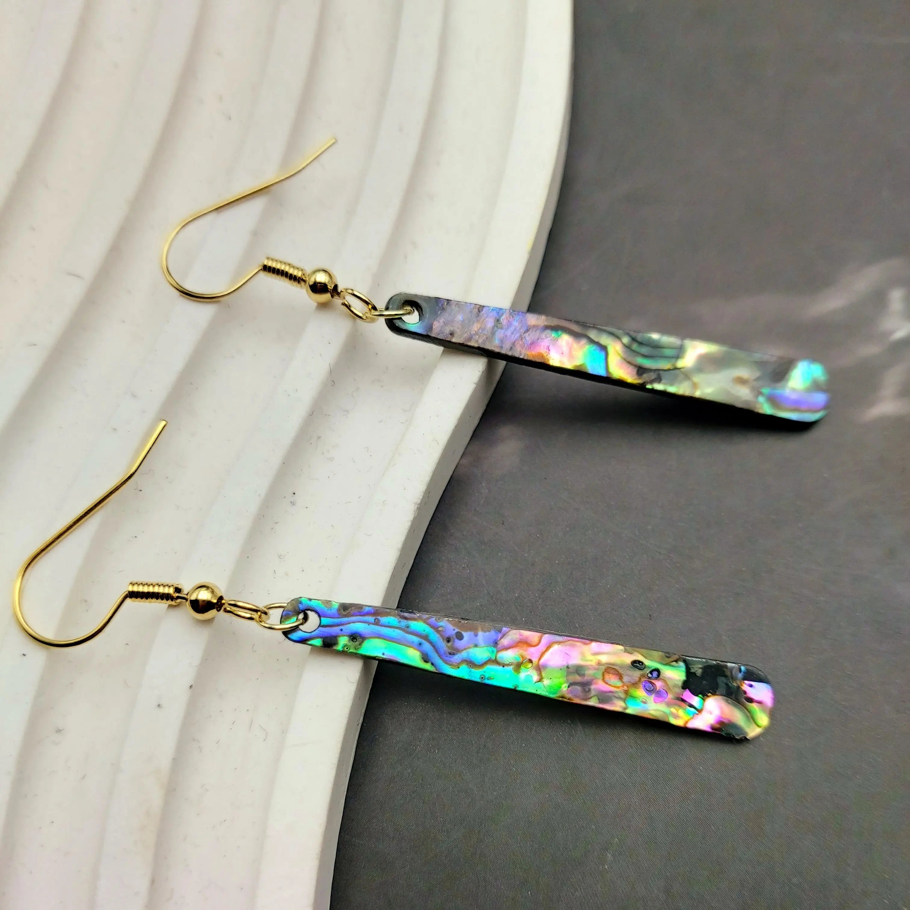 Natural Paua Shell Hand Carving Double Side Dangle Earrings Hawaiian Design Abalone Jewelry