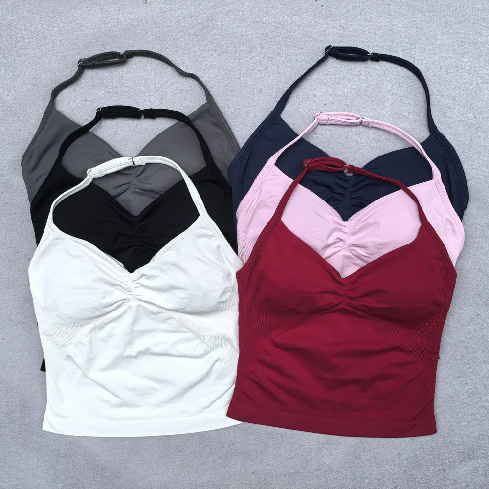 Adjustable Strappy Gym Top - Backless Scrunch Bra with Removable Cups