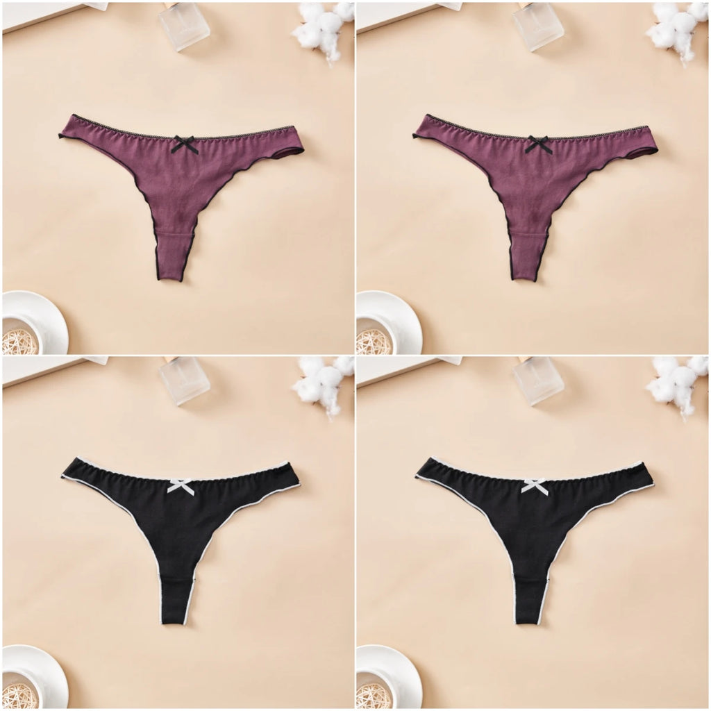 4pcs women's cotton solid color thong sexy comfortable women's underwear daily breathable T-back knitted bow cute girl low-waist