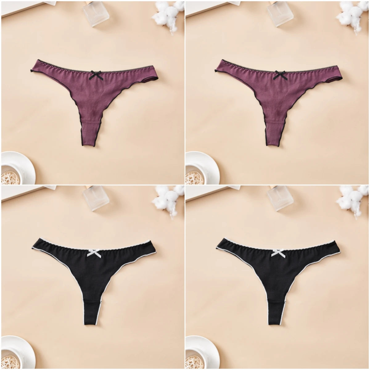 4pcs women's cotton solid color thong sexy comfortable women's underwear daily breathable T-back knitted bow cute girl low-waist