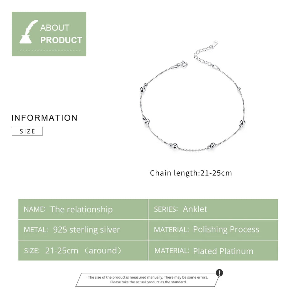 BISAER 925 Sterling Silver Round Beads Anklets,Waterproof Hypoallergenic Infinite Love Chain For Women Fine Jewelry Holiday Gift