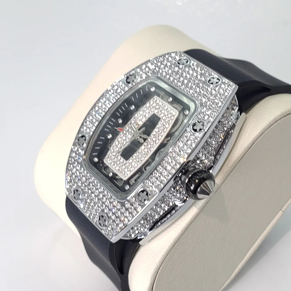 Luxury Diamond Watch For Women Elegant Tonneau Original Design Watches Fashion Ice Out Sport Rubber Strap Waterproof Mille Clock