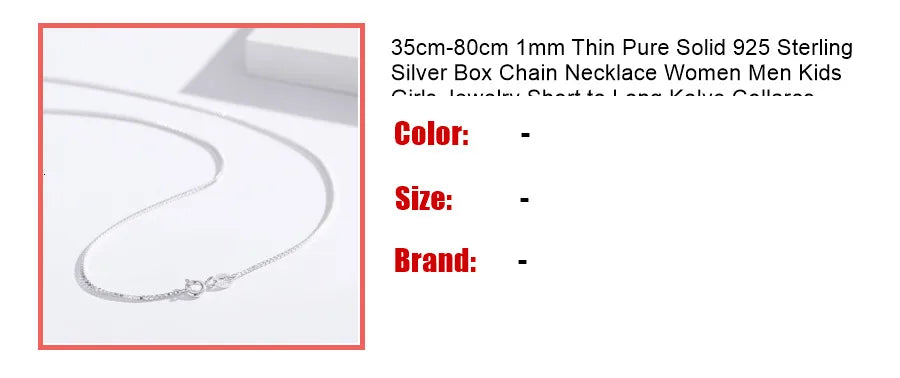35cm-80cm 1mm Thin Pure Solid 925 Sterling Silver Box Chain Necklace Women Men Girls Jewelry Short to Long Kolye Collares
