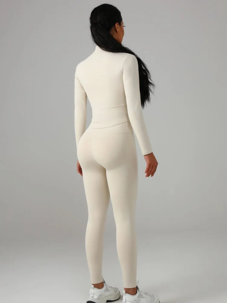 Women's Solid Color Sports Set Long - Sleeve Top + Pants Yoga Fitness Outfit Breathable Quick - Dry Tracksuit