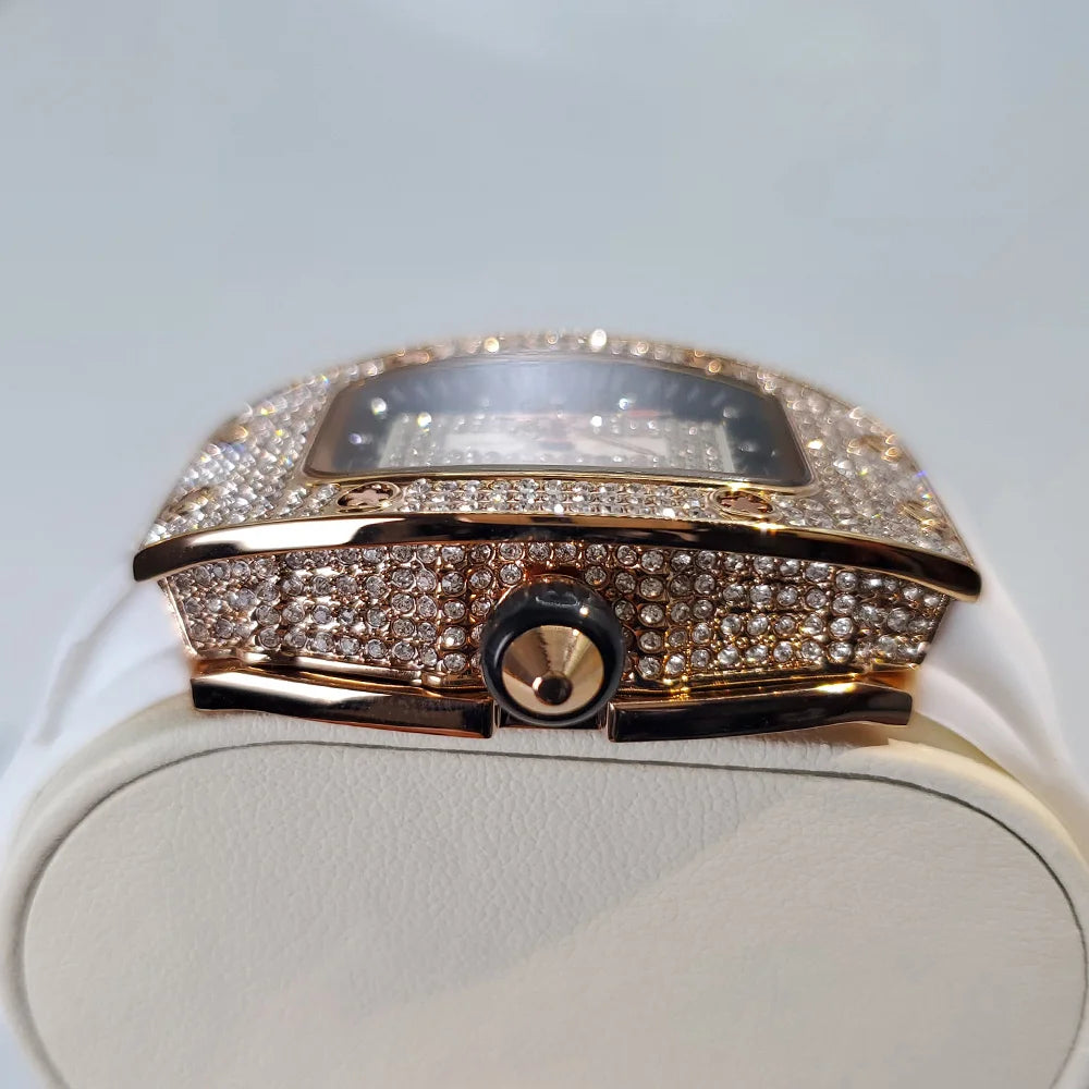 Luxury Diamond Watch For Women Elegant Tonneau Original Design Watches Fashion Ice Out Sport Rubber Strap Waterproof Mille Clock