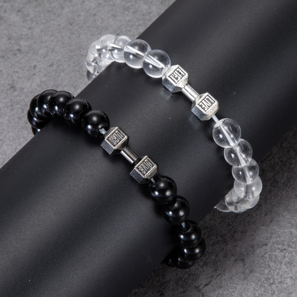 2pcs/Set Natural Stone Dumbbell Beaded Bracelet Black Beads Fitness Fit Life Prayer Bracelets Bangles Barbell Men Jewelry