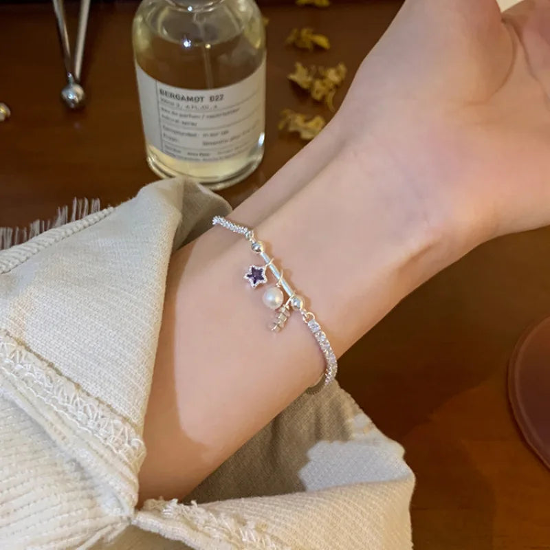 New 925 Silver Geometric Bead Pearl Punk Irregular Asymmetric Adjustable Bracelet For Woman Girl Fashion Jewelry Gift Dropship