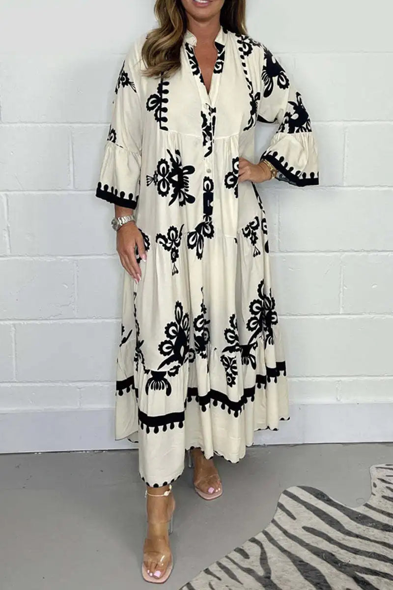 2024 Autumn Fashion New Women's Commuting Style Casual Printed Dress Loose Single Breasted Horn Sleeve Elegant Dress