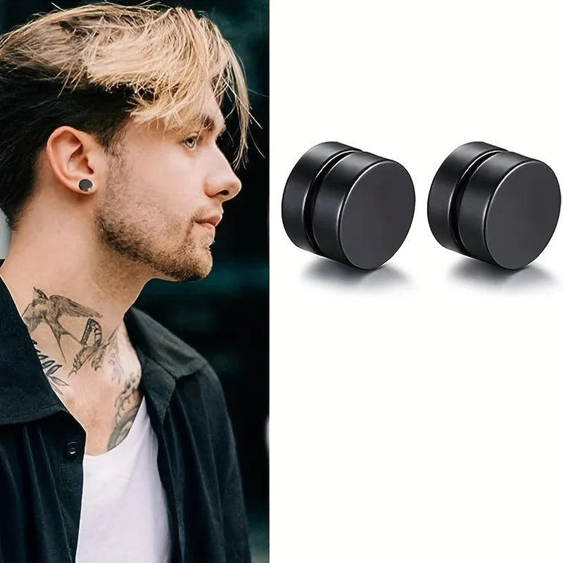 7 Pairs Black Magnetic Stud Earrings, Stainless Steel Clip On Earrings For Men, Fake Cross Dangle Earrings Hoop Ear Clips