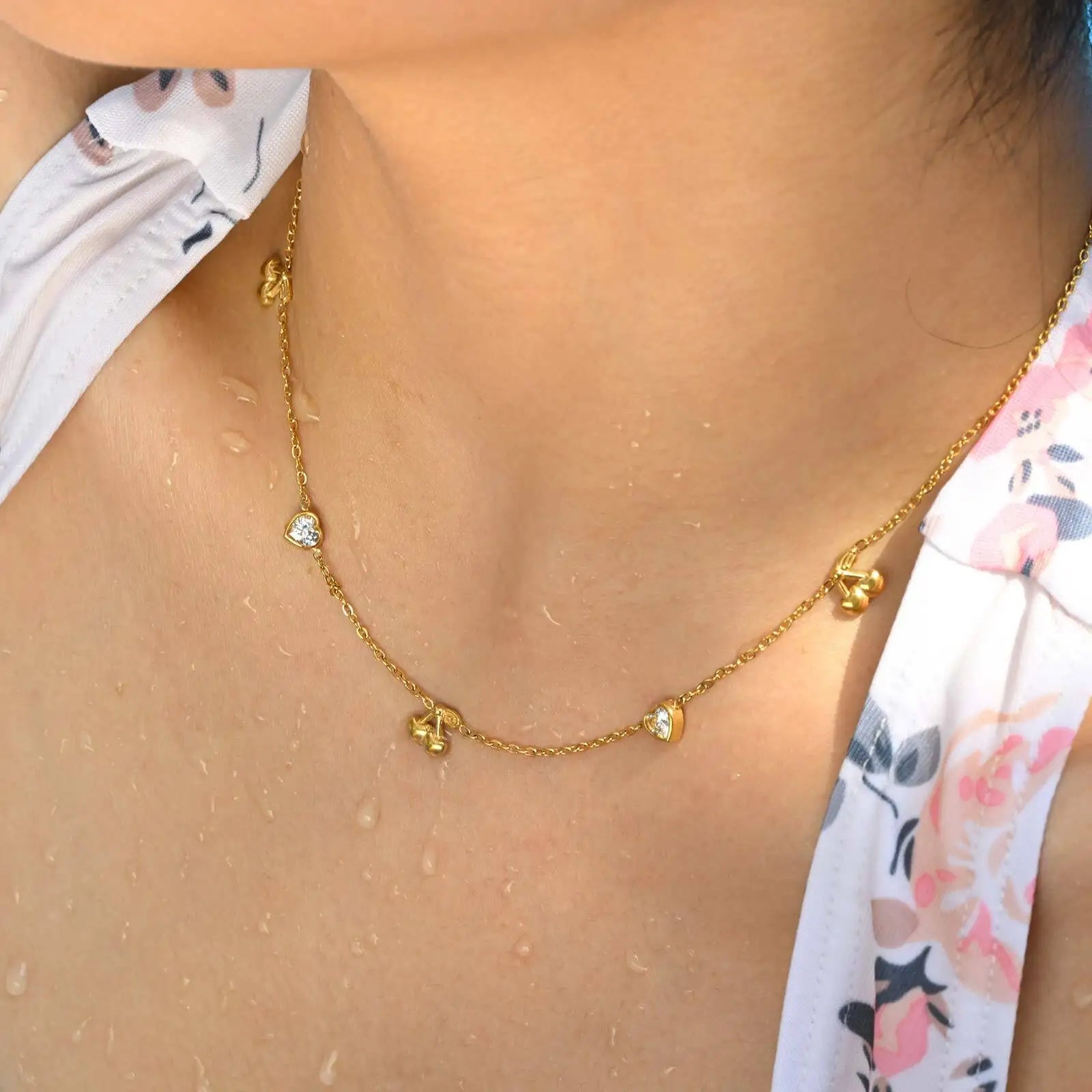 Stainless Steel Heart Cubic Zirconia Chain Necklace for Women, Bowknot Cherry Thin Link Chain Necklace Layered Jewelry