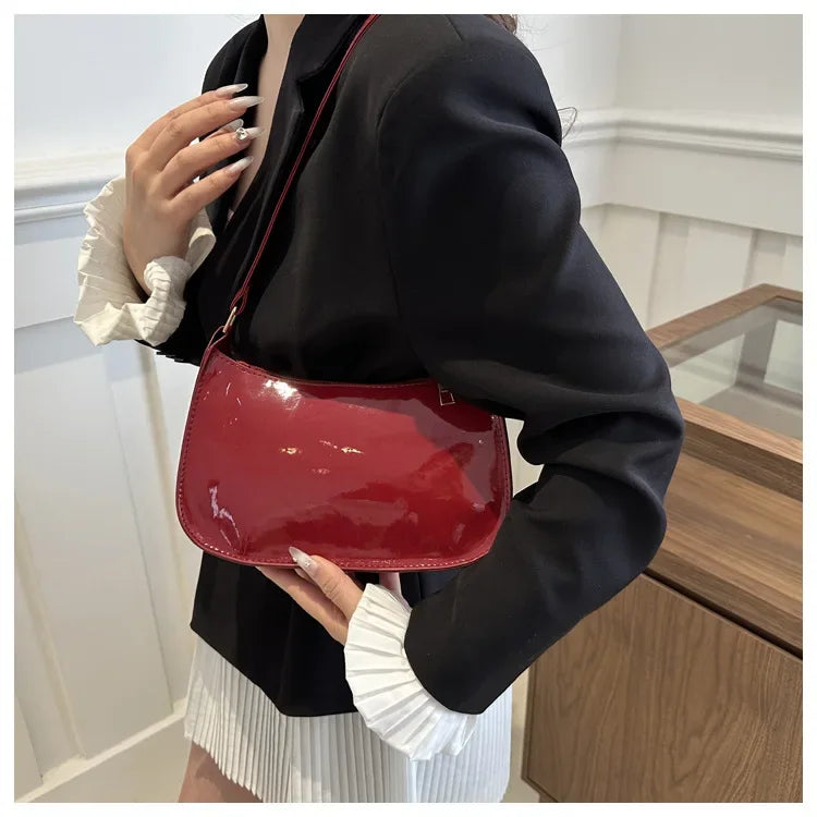 Vintage Wine Red Patent Leather Glossy Underarm Bag 2024 New Minimalist Lady Zipper Shoulder Bag Elegant Versatile Handbag Trend