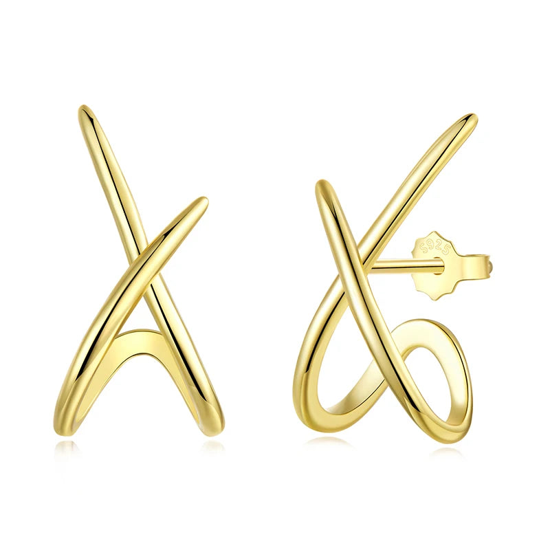 BAMOER 925 Sterling Silver X Earring Studs for Women, Gold Plated Hypoallergenic Earrings Chic Jewelry Gift for Daily Wear