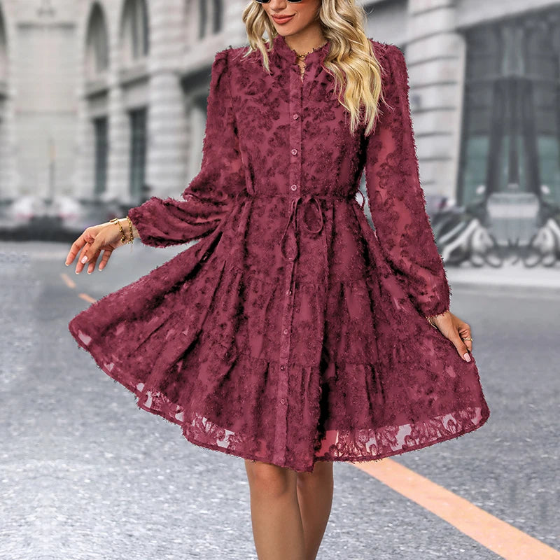 JIM & NORA  Autumn Maxi Dress For Women Casual Hollow Crochet Bohemian Long-Sleeve Loose Beach Robe Ladies Holiday Fall Vestidos