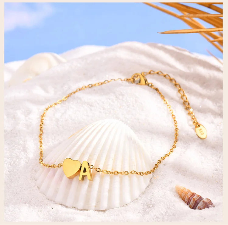 Women Heart Initial Anklet Bracelets Adjustable Beach Jewelry Hypoallergenic Stainless Steel Personalized Name Foot Chain Anklet