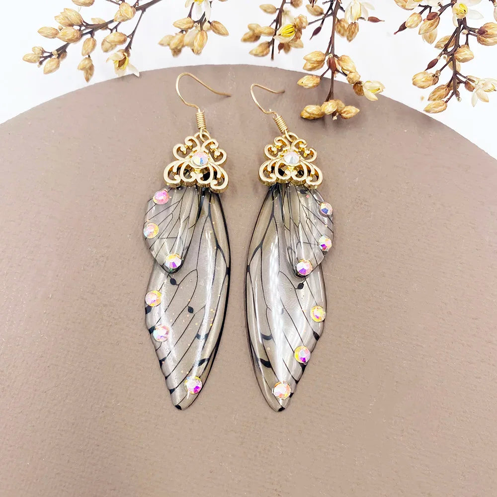 Handmade Fairy Simulation Wing Earrings Insect Butterfly Wing Drop Earrings Foil Rhinestone Earrings Romantic Bridal Jewelry