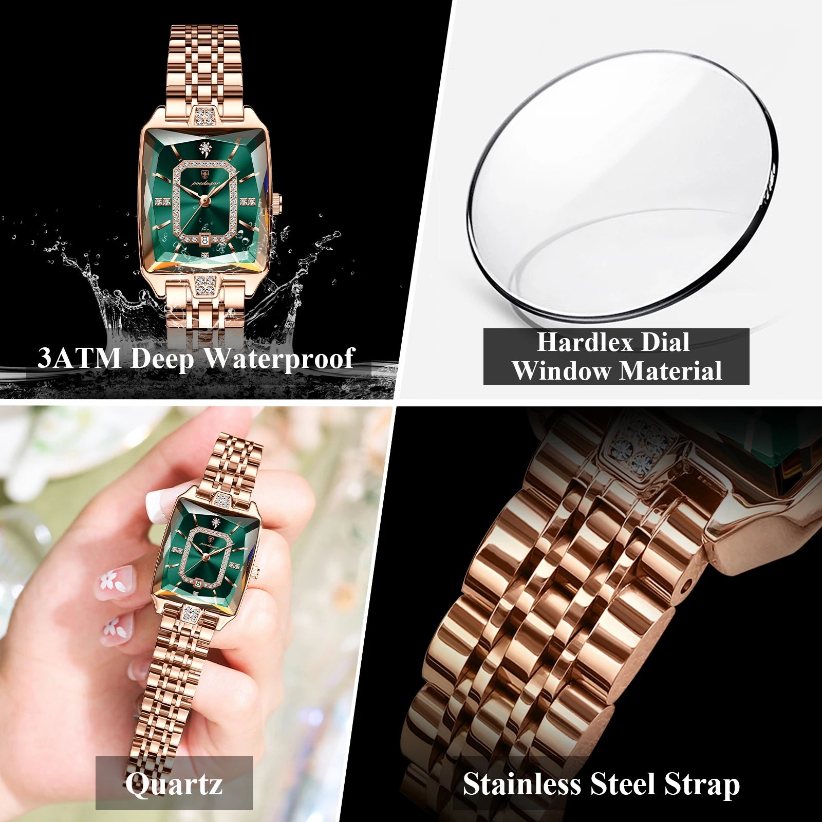 POEDAGAR Luxury Rectangle Watch - Waterproof Calendar Stainless Steel