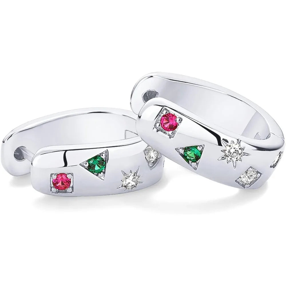14K Gold Plated 925 Sterling Silver Posts Chunky Huggie Earrings for Women Multi-Colored Cubic Zirconia Statement Hoop Earrings