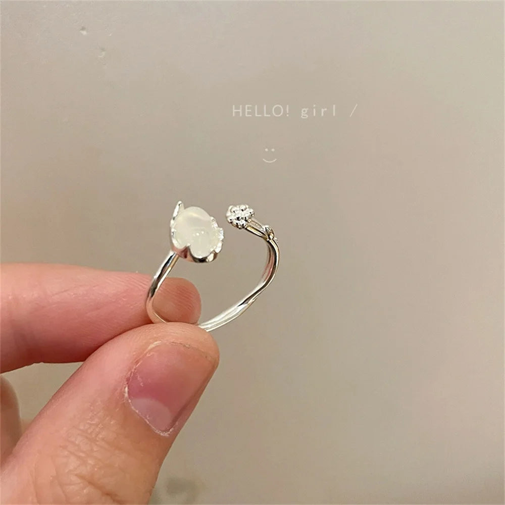 Simple Oval Moonstone Cuff Ring Silver Color Adjustable Ring Set Irregular Multi-layered Jewelry Fashion Party Gift