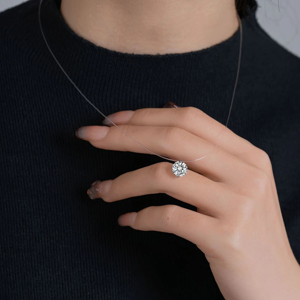IGOTOS 0.5-5CT Moissanite Pendant Necklace Women GRA Certified 925 Sterling Silver Transparent Fishing Line Choker Chain Jewelry