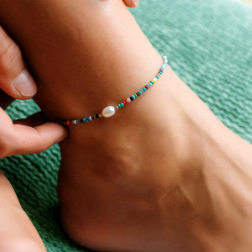 1pc Summer Bohemian style special-shaped natural pearl colorful mixed color beaded anklet
